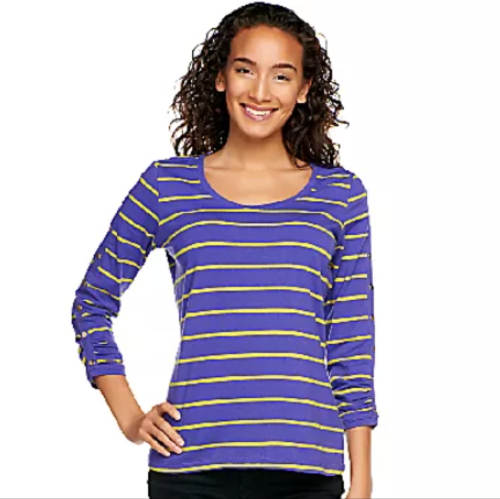 NWT Susan Graver Weekend Striped Stretch Cotton Top with Snap Detail